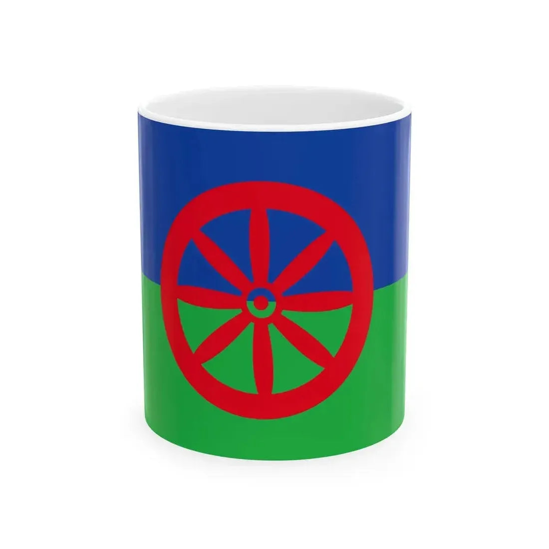 Eight-spoked wheel flag used by Hungarian Romanies (Hungary) White Coffee Mug 11oz - Go Mug Yourself