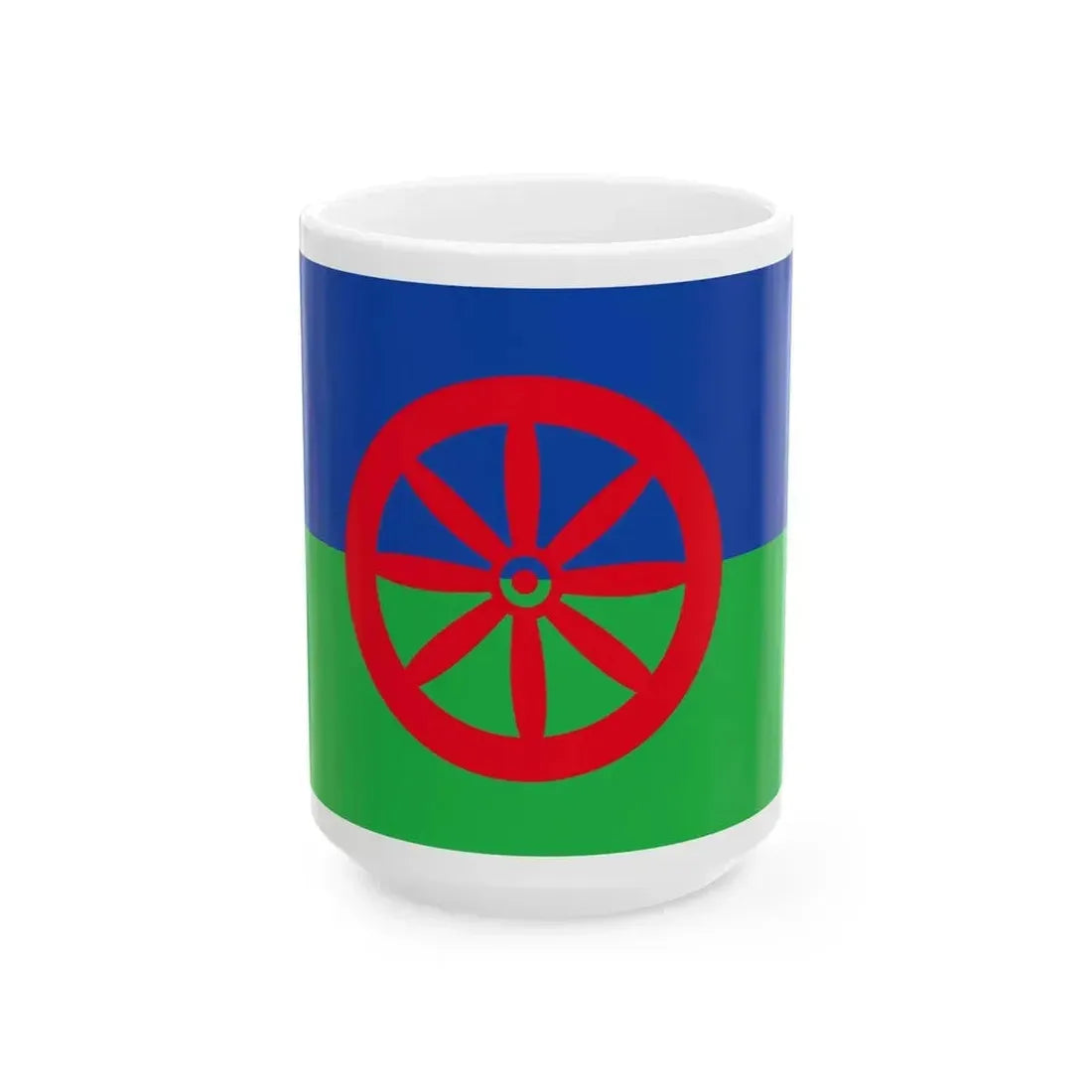 Eight-spoked wheel flag used by Hungarian Romanies (Hungary) White Coffee Mug 15oz - Go Mug Yourself