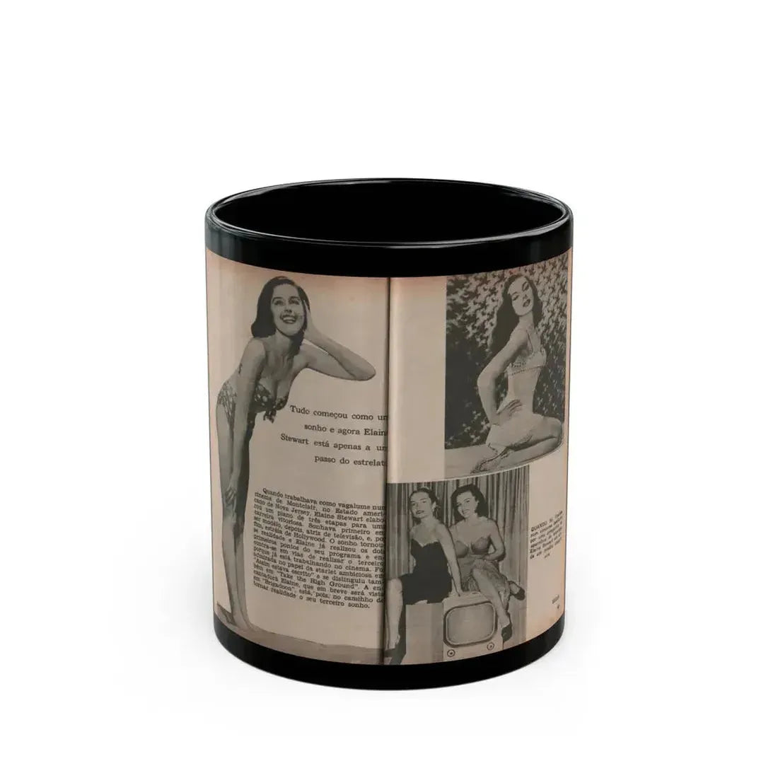 Elaine Stewart #172 - Pages 2 & 3 of 5 with, 3 Page B&W Photos & Captions from Aconteceu MARCO DE 1955 Brazilian Digest Mag. (Vintage Female Icon) Black Coffee Mug 11oz - Go Mug Yourself
