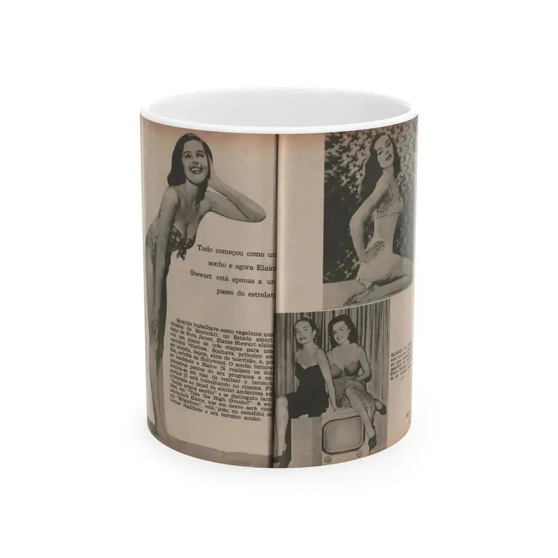 Elaine Stewart #172 - Pages 2 & 3 of 5 with, 3 Page B&W Photos & Captions from Aconteceu MARCO DE 1955 Brazilian Digest Mag. (Vintage Female Icon) White Coffee Mug 11oz - Go Mug Yourself