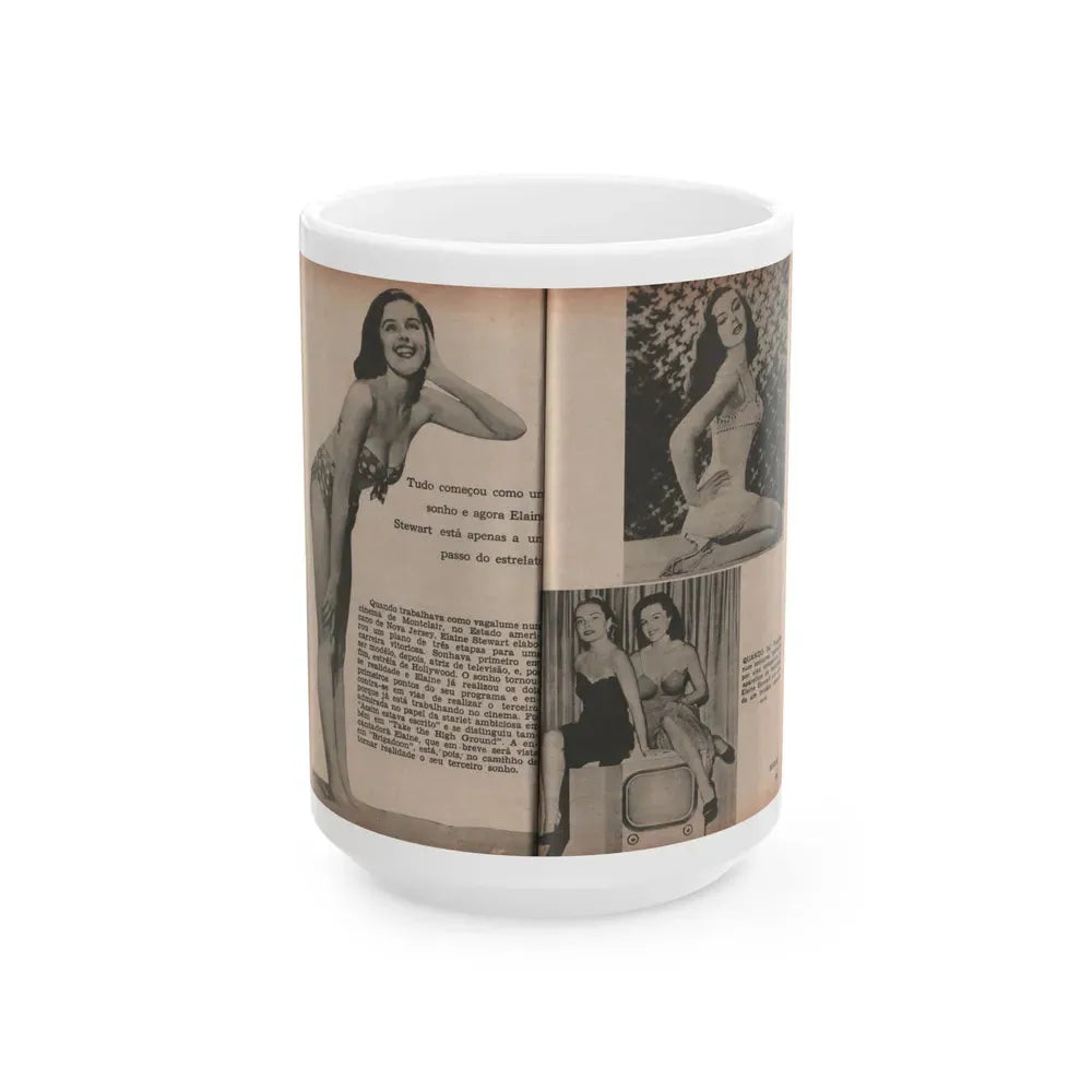 Elaine Stewart #172 - Pages 2 & 3 of 5 with, 3 Page B&W Photos & Captions from Aconteceu MARCO DE 1955 Brazilian Digest Mag. (Vintage Female Icon) White Coffee Mug 15oz - Go Mug Yourself