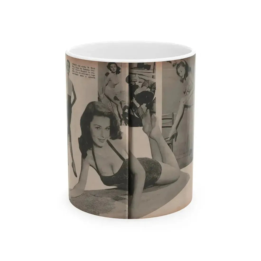Elaine Stewart #173 - Pages 4 & 5 of 5 with, B&W Centerfold, 3 B&W Pics & Caption from Aconteceu MARCO DE 1955 Brazilian Digest Mag. (Vintage Female Icon) White Coffee Mug 11oz - Go Mug Yourself