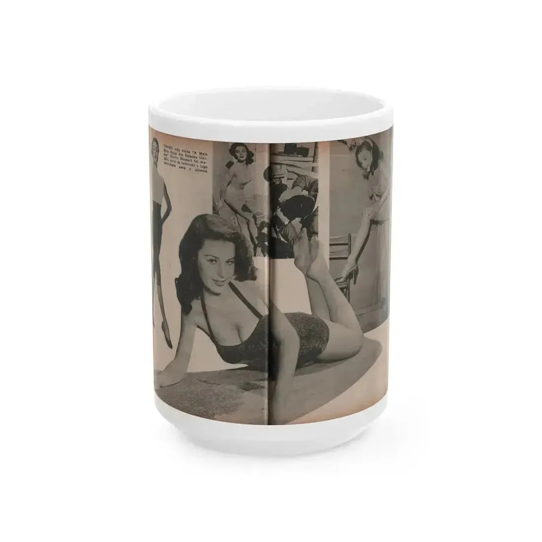 Elaine Stewart #173 - Pages 4 & 5 of 5 with, B&W Centerfold, 3 B&W Pics & Caption from Aconteceu MARCO DE 1955 Brazilian Digest Mag. (Vintage Female Icon) White Coffee Mug 15oz - Go Mug Yourself