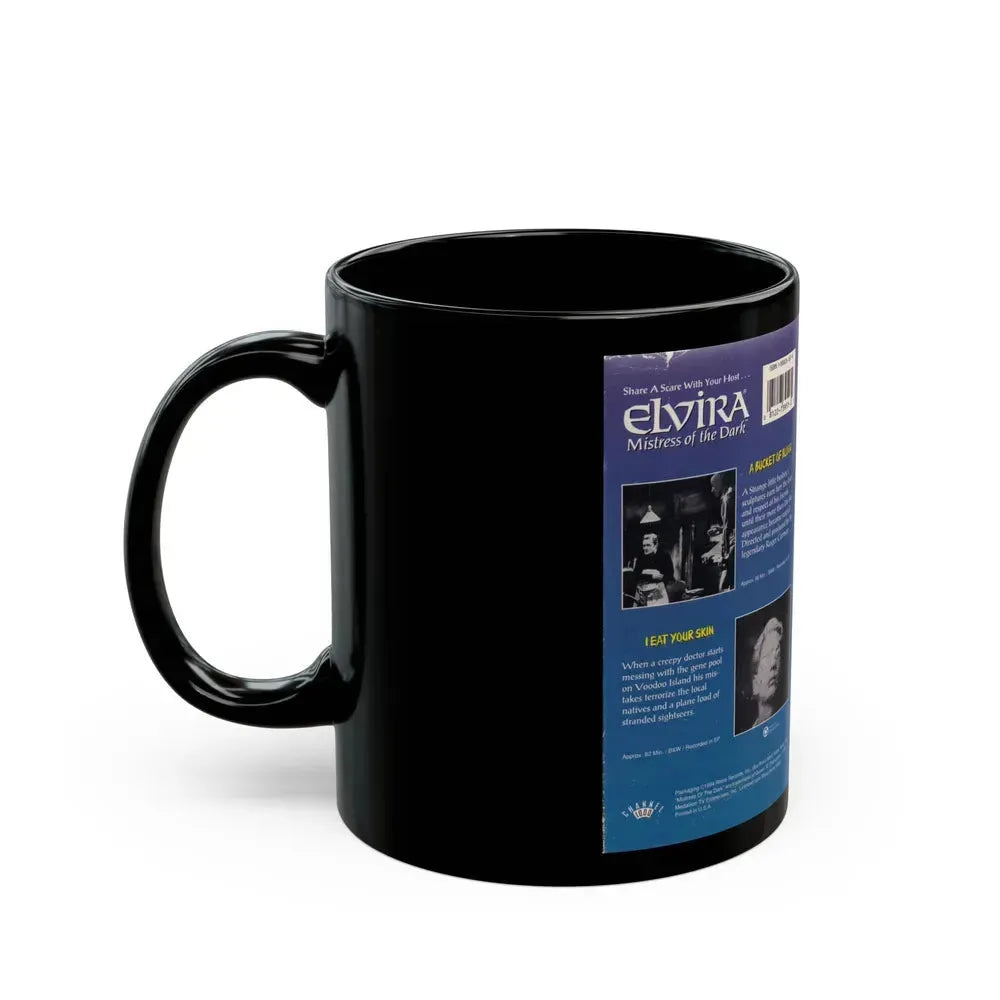 ELVIRA MISTRESS OF THE DARK A BUCKET OF BLOOD AND I EAT YOUR SKIN (VHS COVER) - Black Coffee Mug - Go Mug Yourself