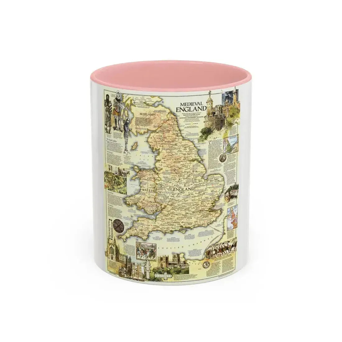 England - Medieval (1979) (Map) Accent Coffee Mug 11oz Pink - Go Mug Yourself
