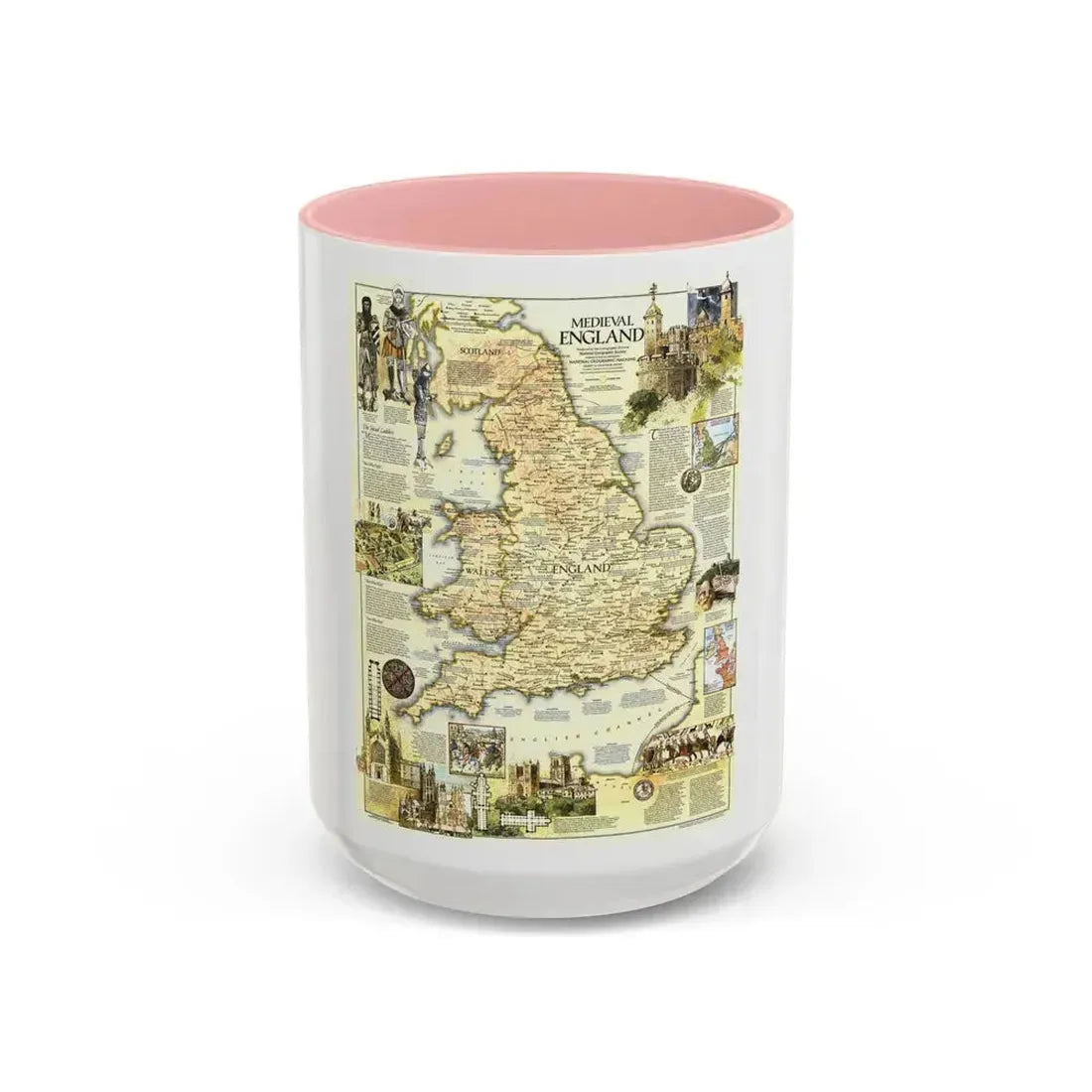 England - Medieval (1979) (Map) Accent Coffee Mug 15oz Pink - Go Mug Yourself
