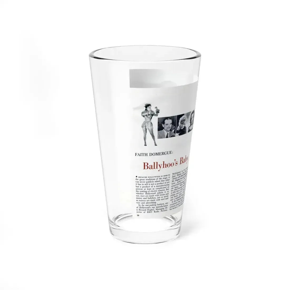 Faith Domergue #227 - Pages 58 & 59 Pages 1 & 2 of 14+1 B&W Photo & Long Article on her from Pageant Digest Mag. April '51 (Vintage Female Icon) Pint Glass 16oz - Go Mug Yourself