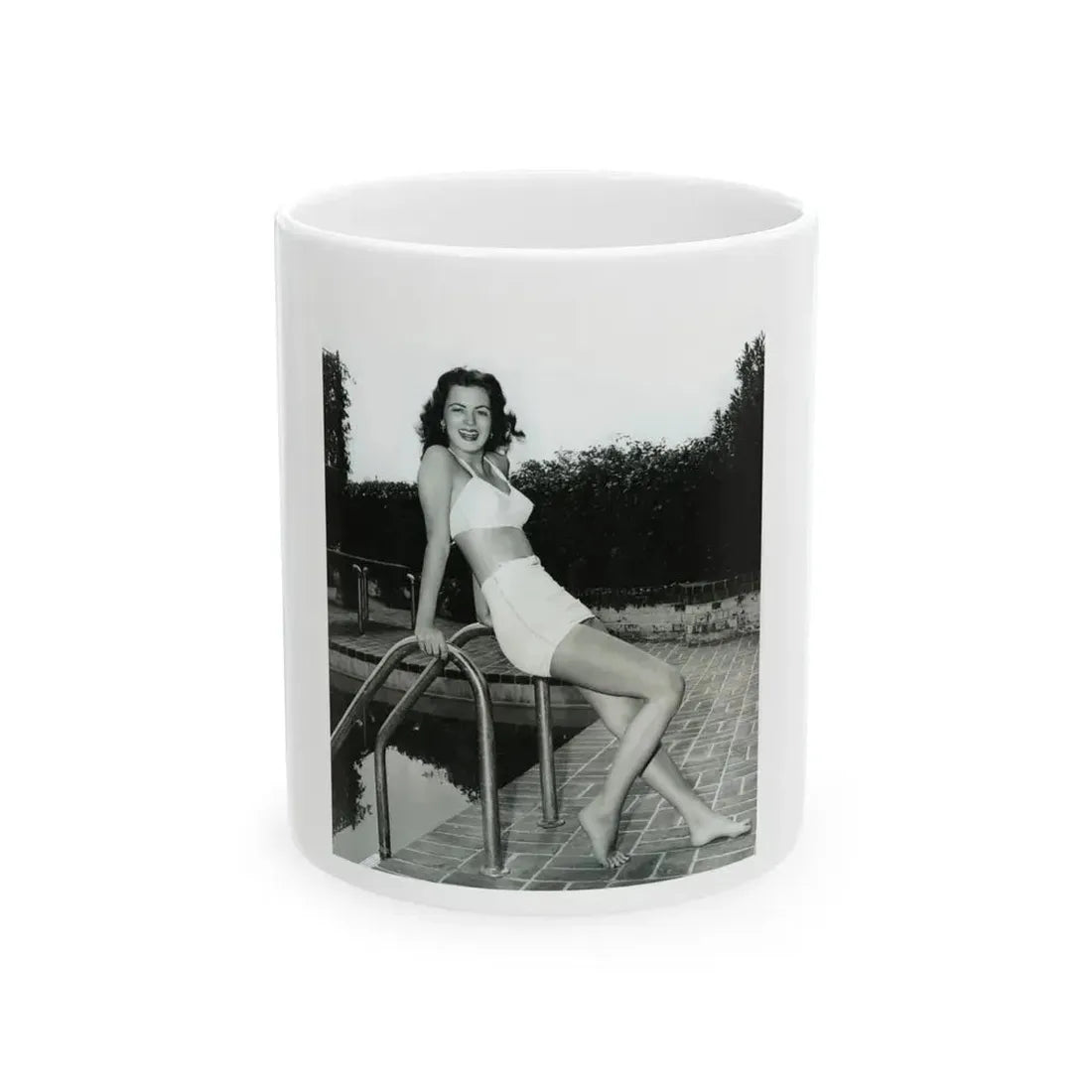 Faith Domergue #238 - Remade B&W 8x10 Full Full Body 2-Piece Swimsuit Cheesecake Photo HQ Re-Print (Vintage Female Icon) White Coffee Mug 11oz - Go Mug Yourself