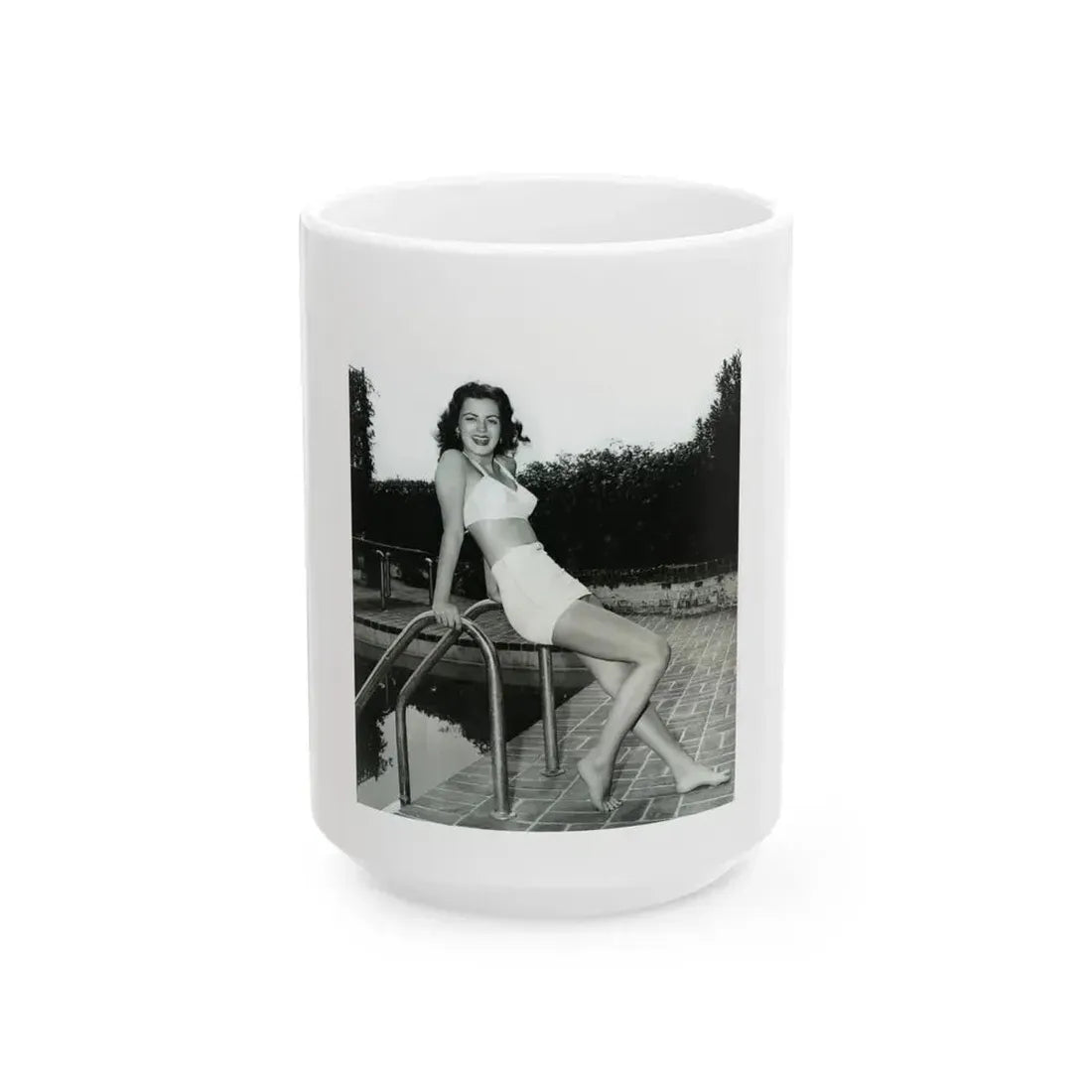 Faith Domergue #238 - Remade B&W 8x10 Full Full Body 2-Piece Swimsuit Cheesecake Photo HQ Re-Print (Vintage Female Icon) White Coffee Mug 15oz - Go Mug Yourself