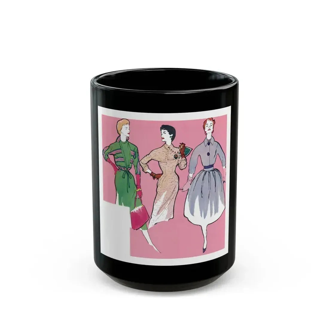Fashion Illustration from Woman's Own magazine, 1957 - Black Coffee Mug 15oz - Go Mug Yourself