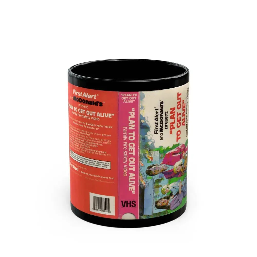 FIRST ALERT AND MCDONALDS PRESENT PLAN TO GET OUT ALIVE FAMILY FIRE SAFETY VIDEO (VHS COVER) - Black Coffee Mug 11oz - Go Mug Yourself