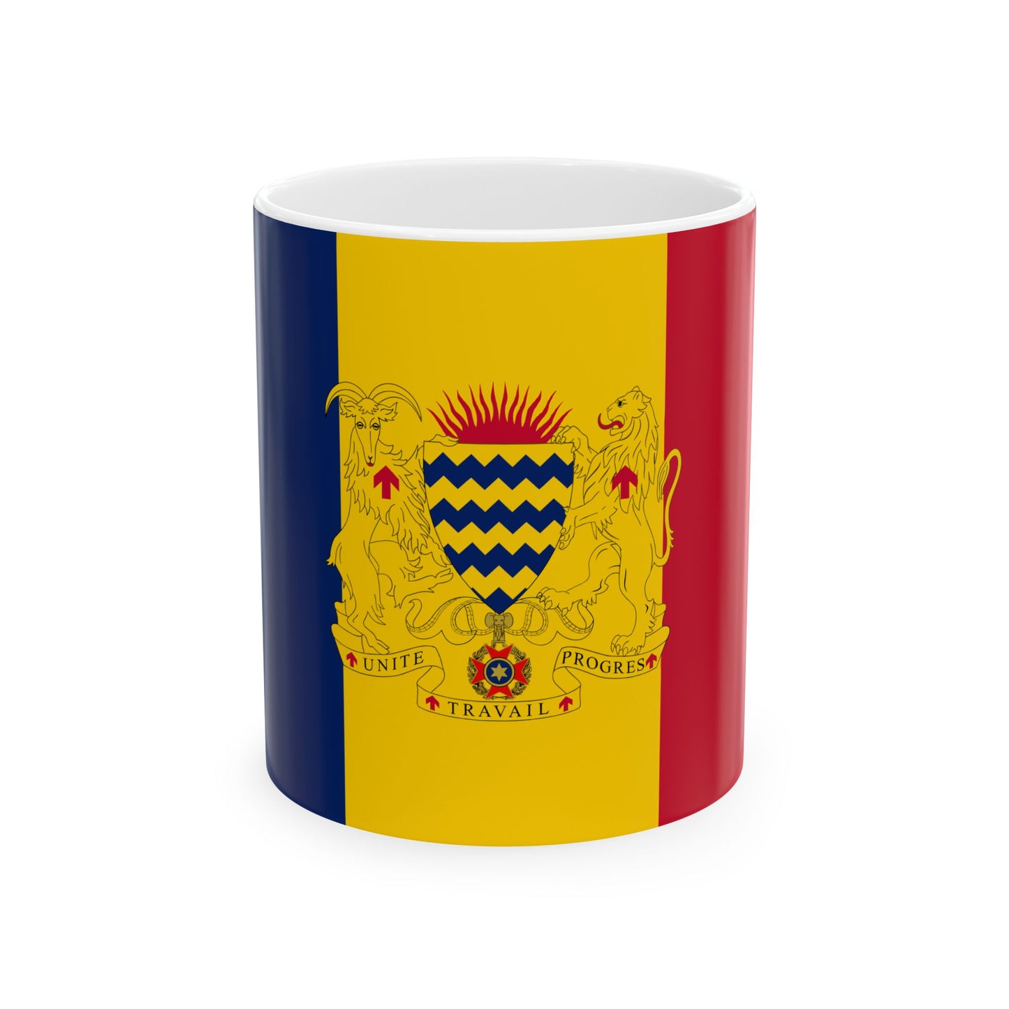 Flag of Chad with coat of arms (Chad) White Coffee Mug-11oz-Go Mug Yourself
