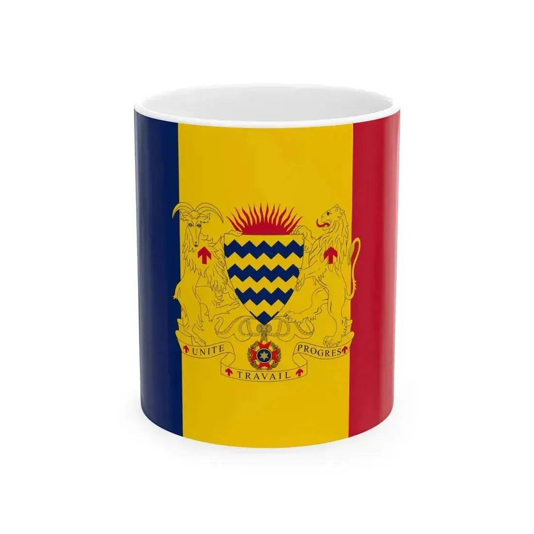 Flag of Chad with coat of arms (Chad) White Coffee Mug 11oz - Go Mug Yourself