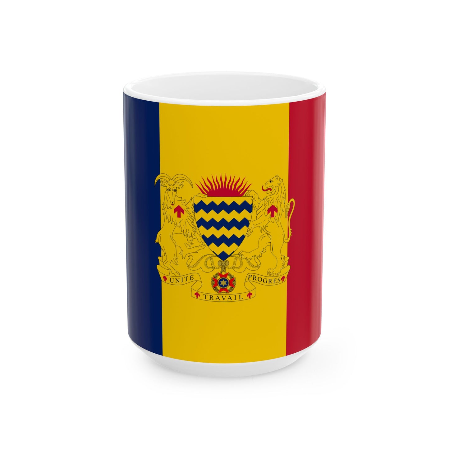 Flag of Chad with coat of arms (Chad) White Coffee Mug-15oz-Go Mug Yourself