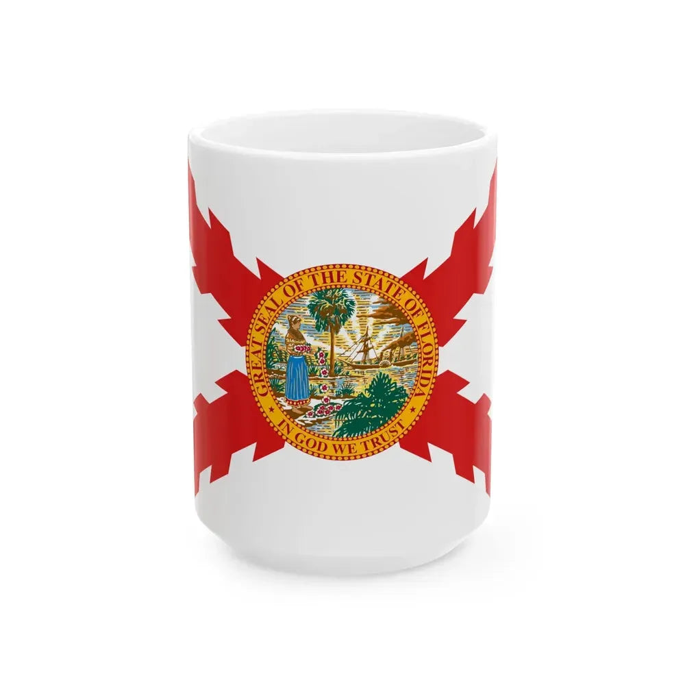 Flag of Cross of Burgundy with the Seal of Florida (United States) White Coffee Mug 15oz - Go Mug Yourself