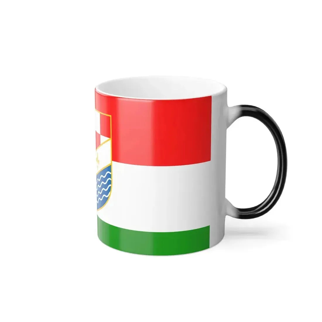 Horizontal red, white and green tricolour flag with a detailed golden-bordered coat of arms over the center.