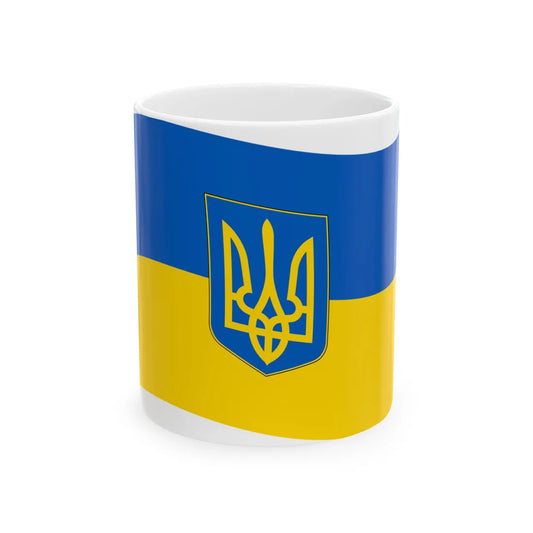 Flag of Ukraine with waves with coat of arms (Ukraine) White Coffee Mug 11oz - Go Mug Yourself