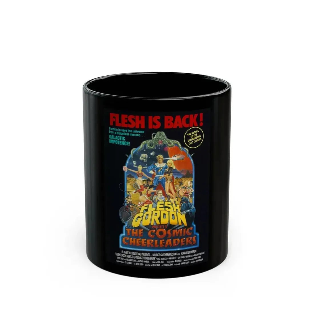 FLESH GORDON MEETS THE COSMIC CHEERLEADERS 1990 Movie Poster - Black Coffee Mug 11oz - Go Mug Yourself