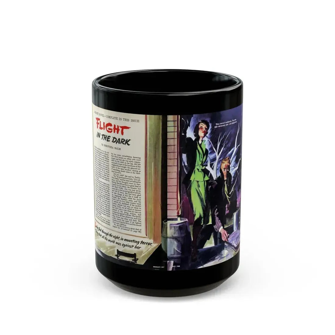 Flight in the Dark, Woman's Day, July 1950 - Black Coffee Mug 15oz - Go Mug Yourself
