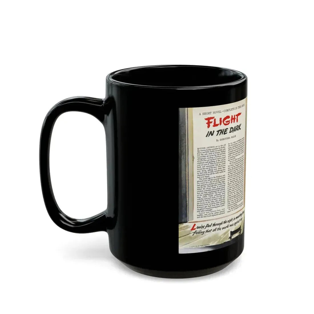 Flight in the Dark, Woman's Day, July 1950 - Black Coffee Mug - Go Mug Yourself