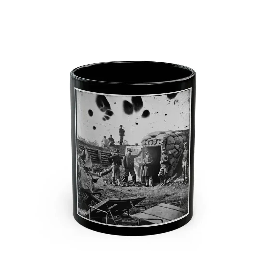 Fort Burnham, Va. (The Former Confederate Fort Harrison). Federal Soldiers In Front Of Bomb-Proof Headquarters (U.S. Civil War) Black Coffee Mug 11oz - Go Mug Yourself
