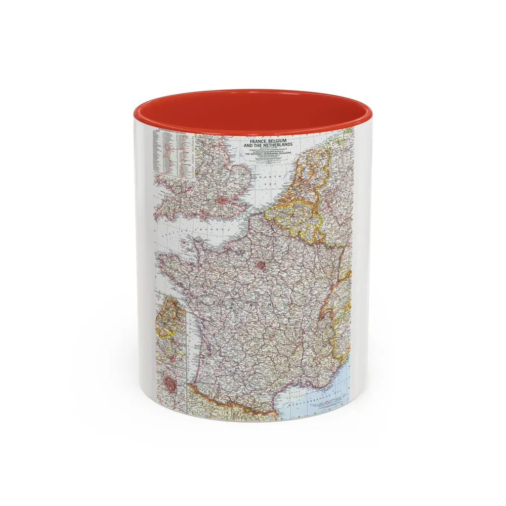 France, Belgium, and the Netherlands (1960) (Map) Accent Coffee Mug 11oz Red - Go Mug Yourself