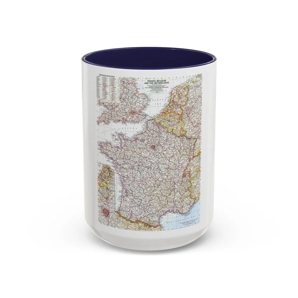 France, Belgium, and the Netherlands (1960) (Map) Accent Coffee Mug 15oz Navy - Go Mug Yourself