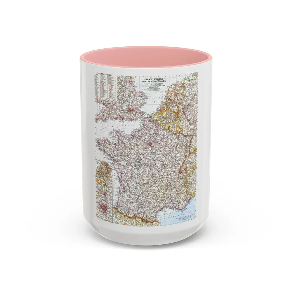 France, Belgium, and the Netherlands (1960) (Map) Accent Coffee Mug 15oz Pink - Go Mug Yourself