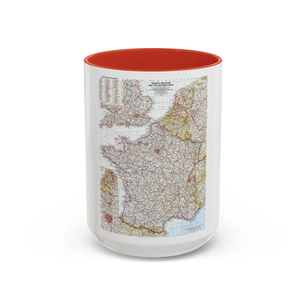 France, Belgium, and the Netherlands (1960) (Map) Accent Coffee Mug 15oz Red - Go Mug Yourself