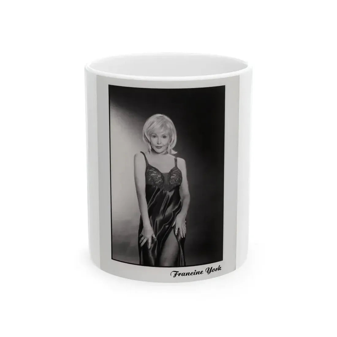 Francine York #170 - 8x10 B&W more recent most of body in night gown Glamour Photo Re-Print (Vintage Female Icon) White Coffee Mug 11oz - Go Mug Yourself