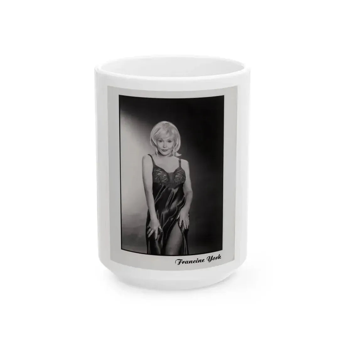 Francine York #170 - 8x10 B&W more recent most of body in night gown Glamour Photo Re-Print (Vintage Female Icon) White Coffee Mug 15oz - Go Mug Yourself