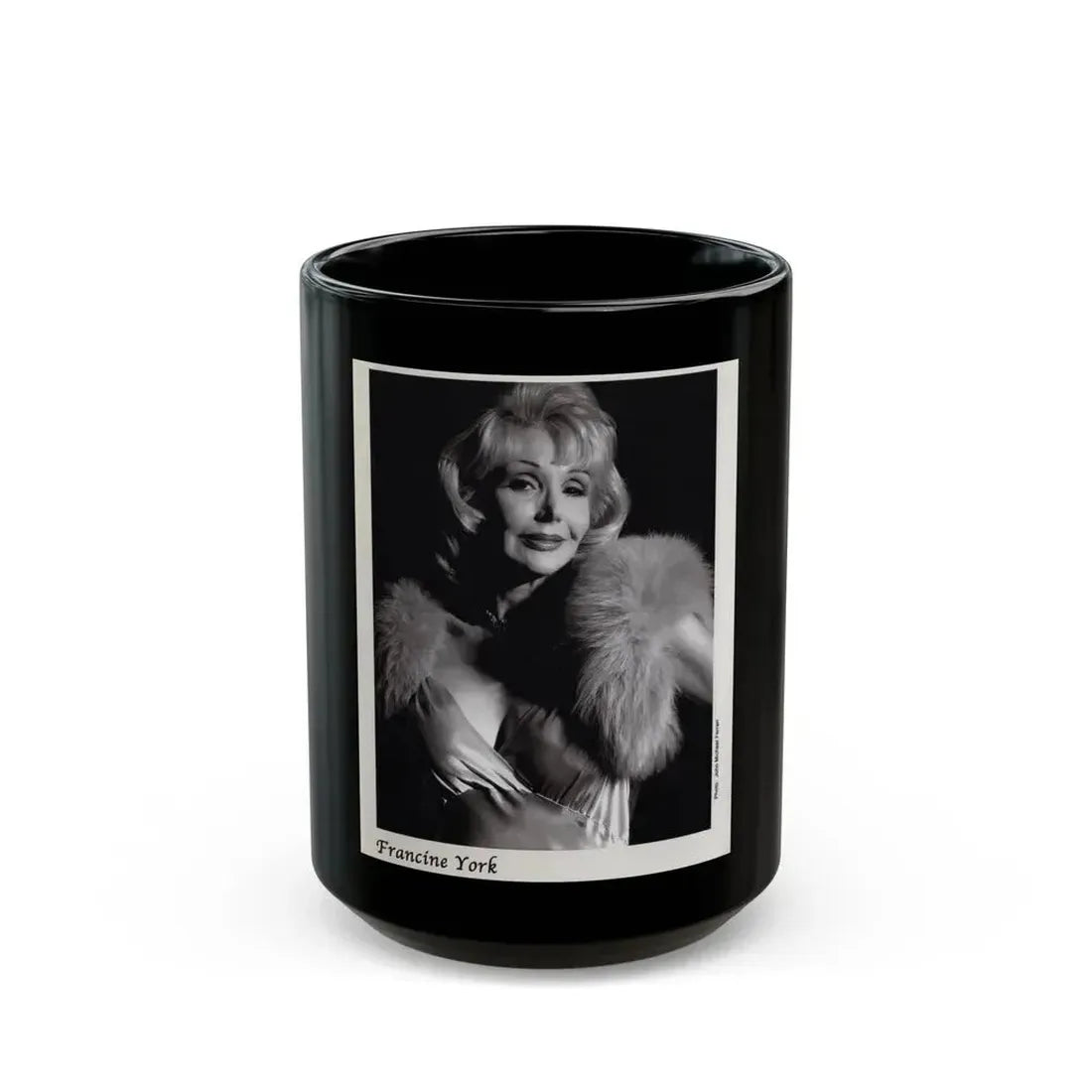 Francine York #171 - 8x10 B&W very recent Upper Body Glamour Night Gown with, Fur Photo on Postcard Paper (Vintage Female Icon) Black Coffee Mug 15oz - Go Mug Yourself