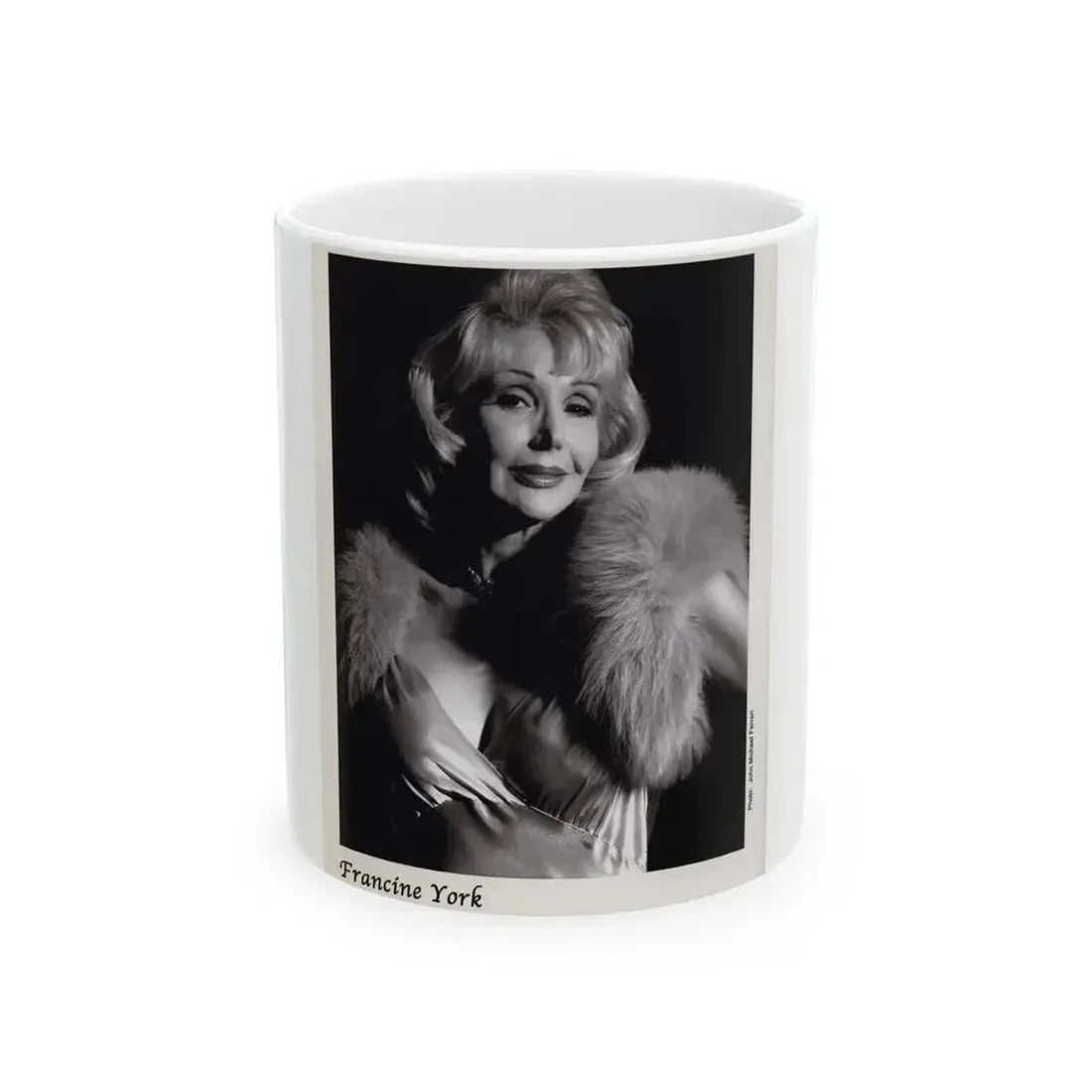 Francine York #171 - 8x10 B&W very recent Upper Body Glamour Night Gown with, Fur Photo on Postcard Paper (Vintage Female Icon) White Coffee Mug 11oz - Go Mug Yourself