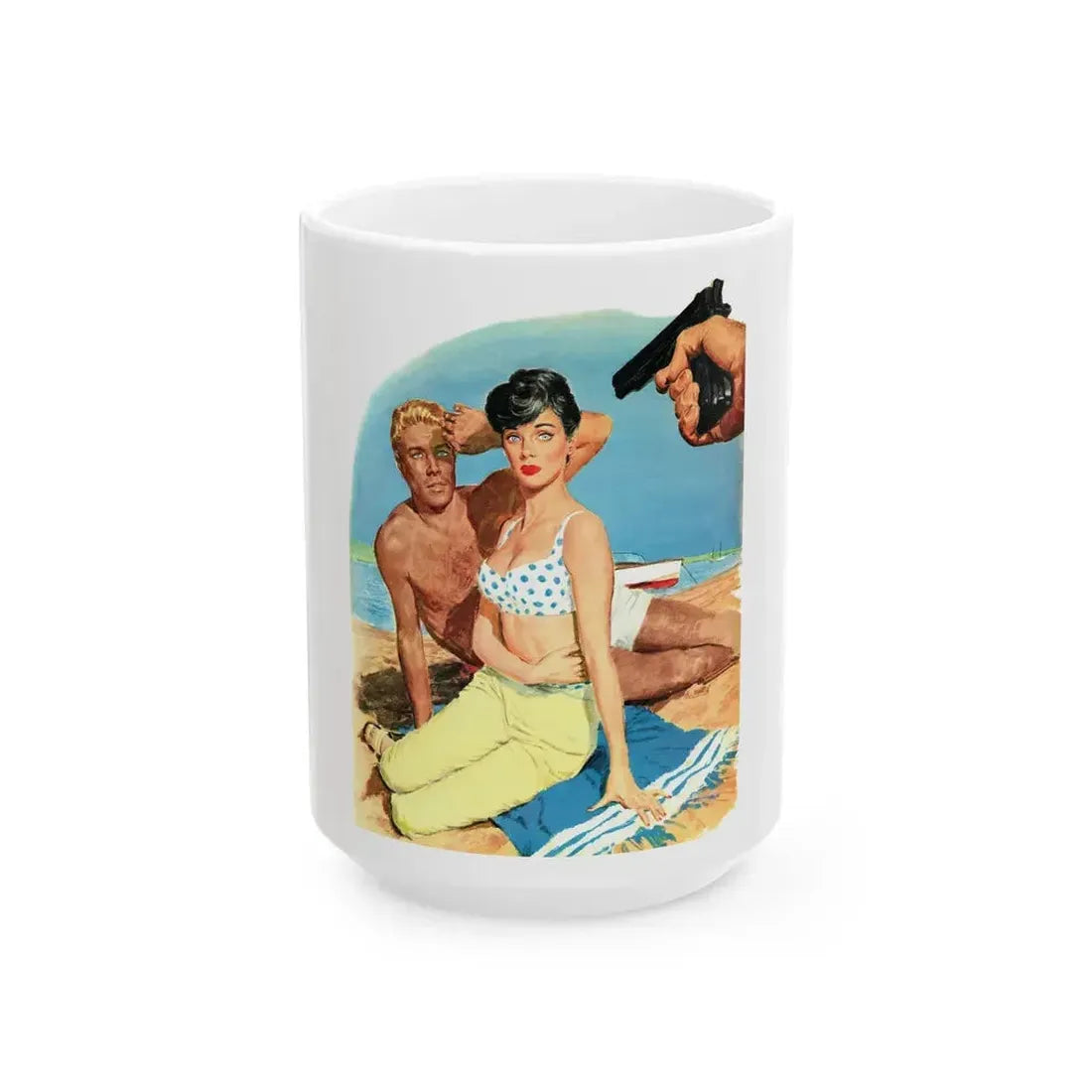 Frankie and Annette tangle with The Mob in Beach Blanket - White Coffee Mug 15oz - Go Mug Yourself