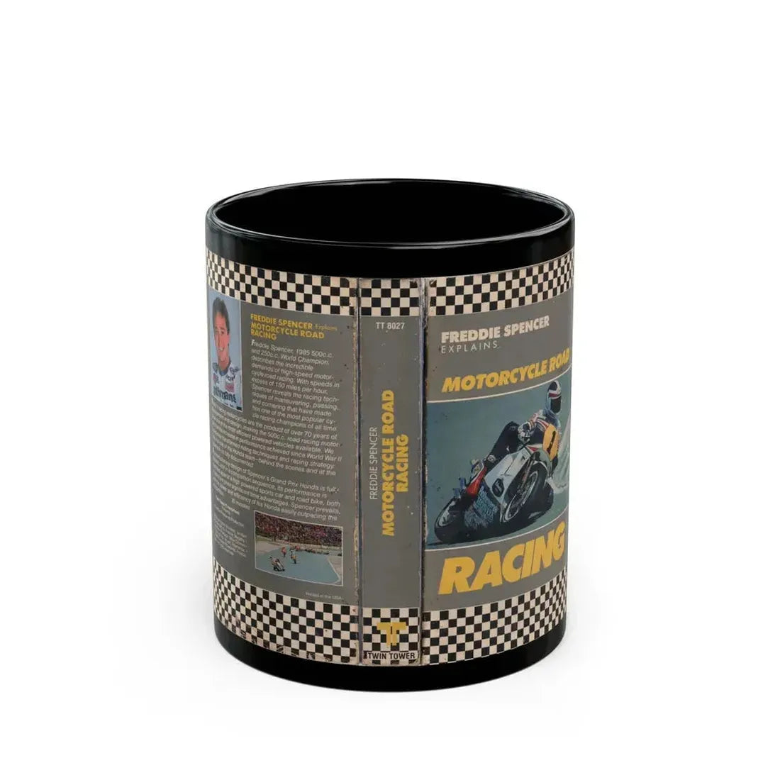FREDDIE SPENCER EXPLAINS MOTORCYCLE ROAD RACING (VHS COVER) - Black Coffee Mug 11oz - Go Mug Yourself
