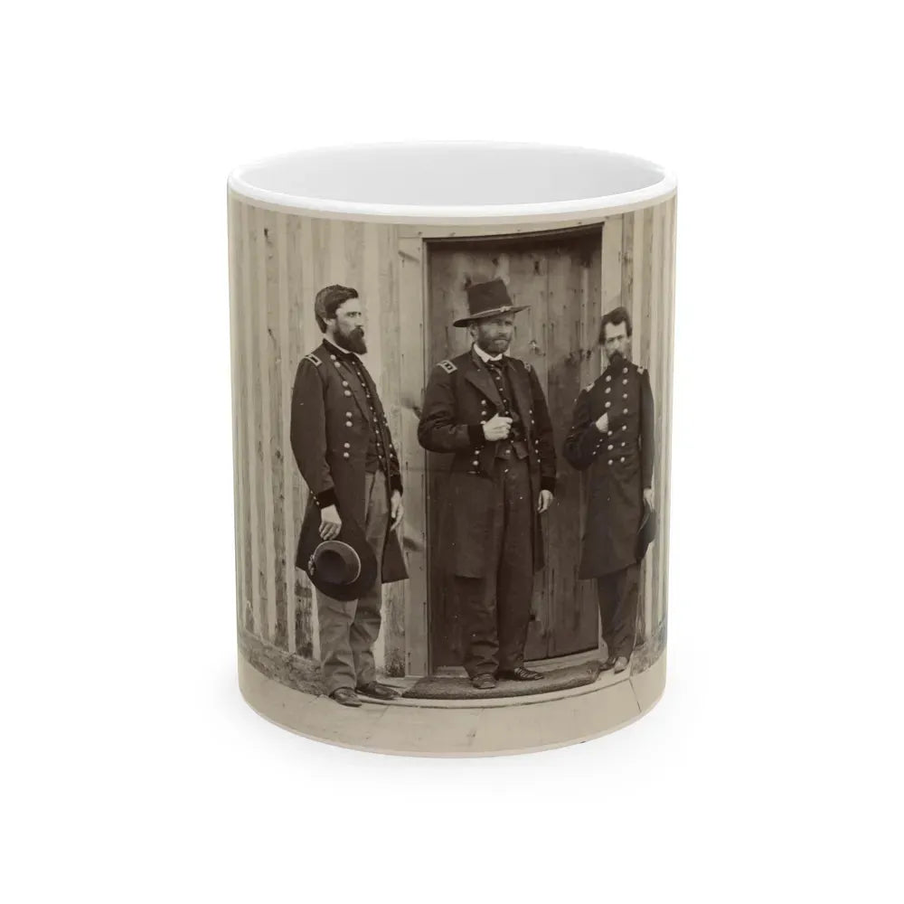 Gen. John A. Rawlins, Left, Gen. U.S. Grant, Center, And An Unidentified Officer (U.S. Civil War) White Coffee Mug 11oz - Go Mug Yourself