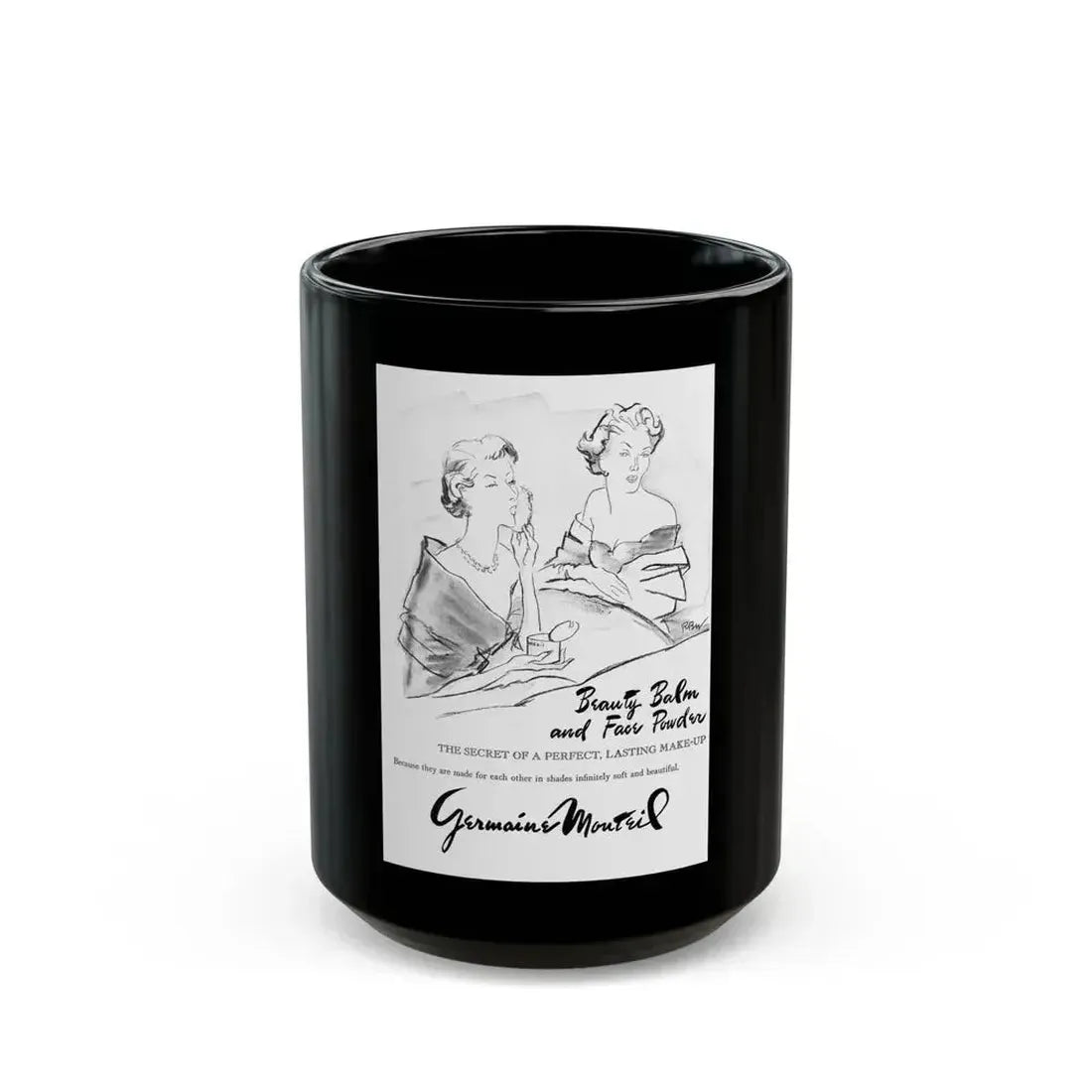 Germaine Monteil advt, Beauty Balm and Face Powder, 1950 - Black Coffee Mug 15oz - Go Mug Yourself
