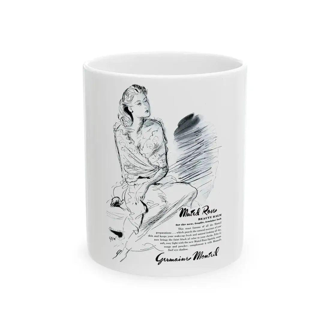 Germaine Monteil advt, Muted Rose, 1945 - White Coffee Mug 11oz - Go Mug Yourself