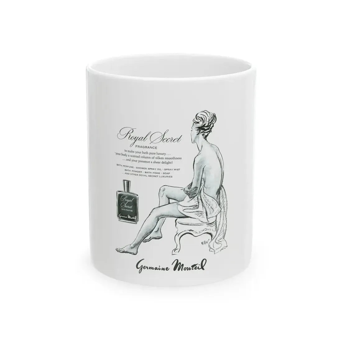 Germaine Monteil advt, Royal Secret, 1947 - White Coffee Mug 11oz - Go Mug Yourself