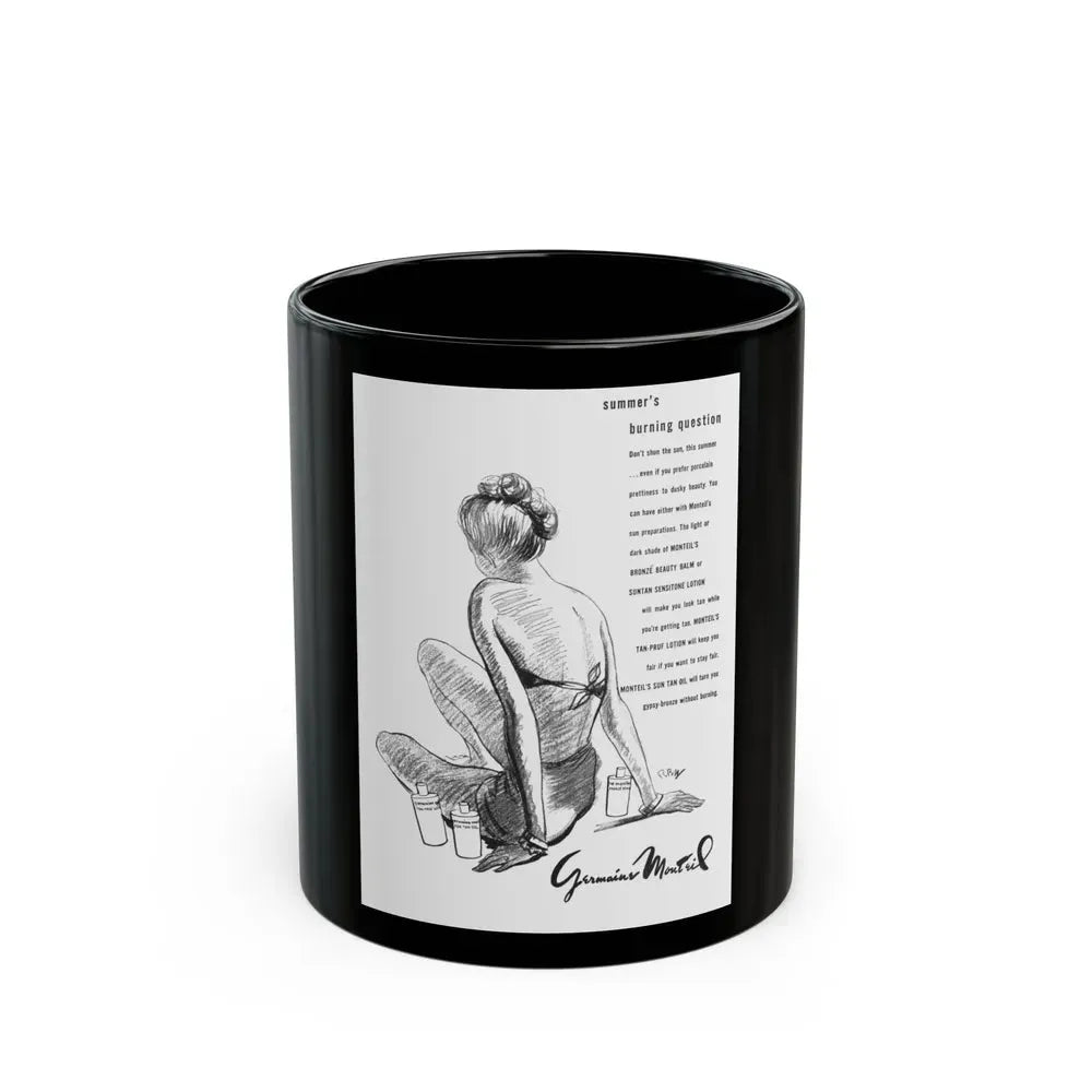 Germaine Monteil advt, Summer's burning question, 1947 - Black Coffee Mug 11oz - Go Mug Yourself