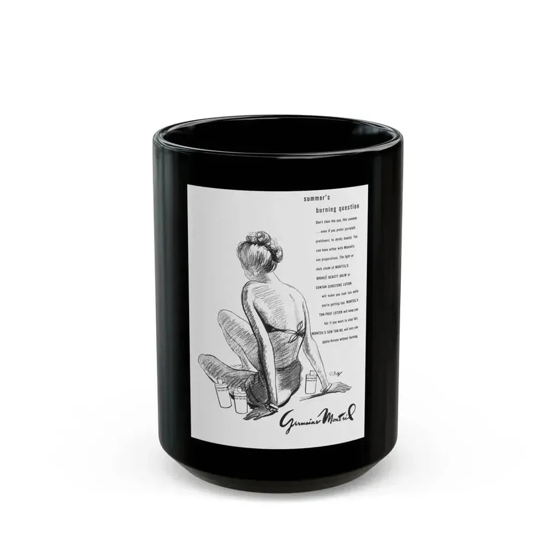 Germaine Monteil advt, Summer's burning question, 1947 - Black Coffee Mug 15oz - Go Mug Yourself