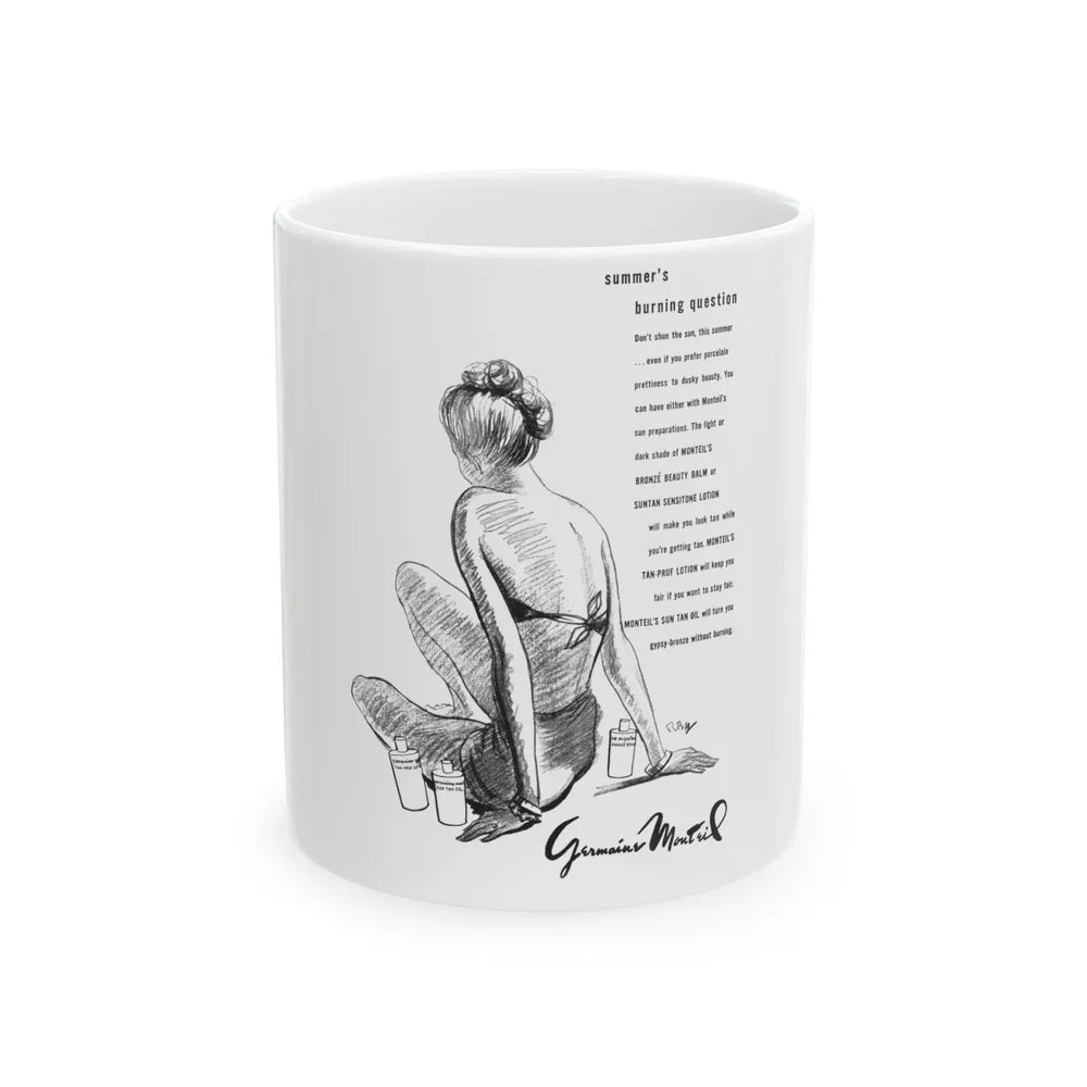Germaine Monteil advt, Summer's burning question, 1947 - White Coffee Mug 11oz - Go Mug Yourself