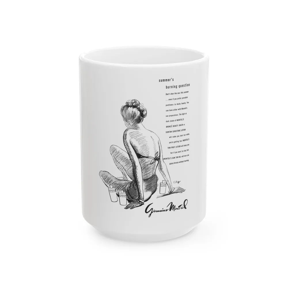 Germaine Monteil advt, Summer's burning question, 1947 - White Coffee Mug 15oz - Go Mug Yourself