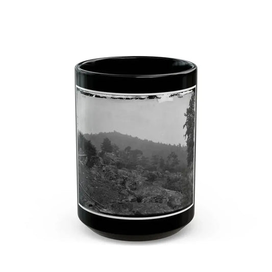 Gettysburg, Pa. Breastworks On Little Round Top; Round Top In Distance (U.S. Civil War) Black Coffee Mug 15oz - Go Mug Yourself