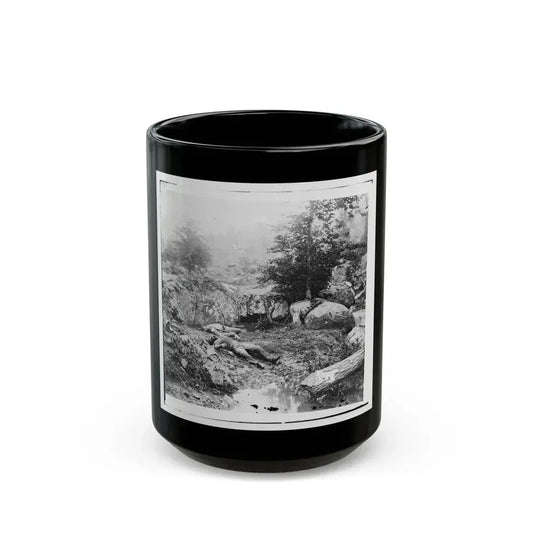 Gettysburg, Pa. Dead Confederate Soldiers In The  Slaughter Pen  At The Foot Of Little Round Top (U.S. Civil War) Black Coffee Mug 15oz - Go Mug Yourself