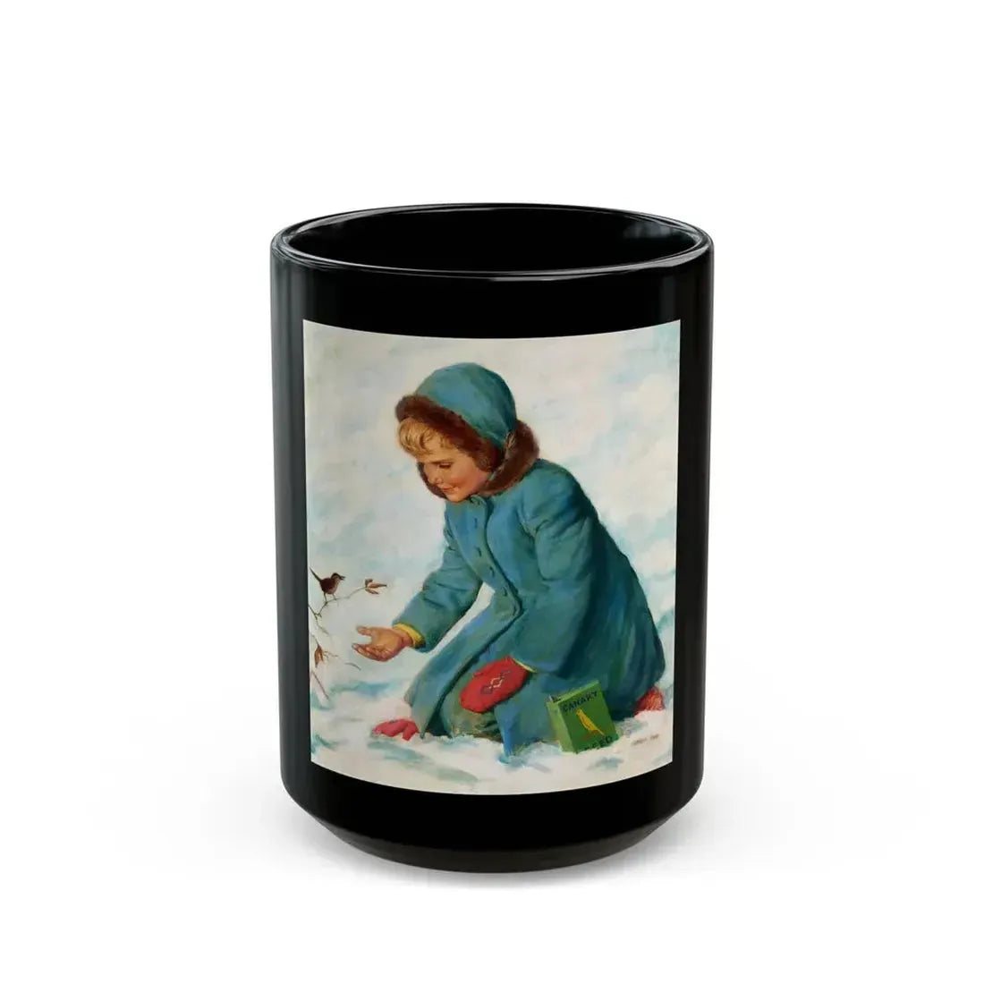 Girl Feeding a Canary, The American Weekly magazine cover, February 21, 1954 - Black Coffee Mug 15oz - Go Mug Yourself