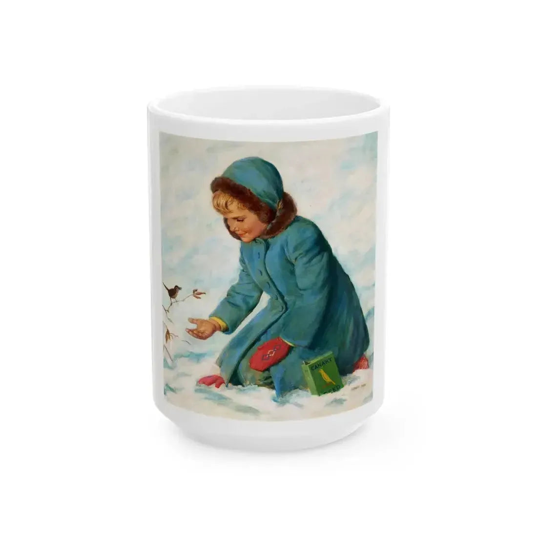 Girl Feeding a Canary, The American Weekly magazine cover, February 21, 1954 - White Coffee Mug 15oz - Go Mug Yourself