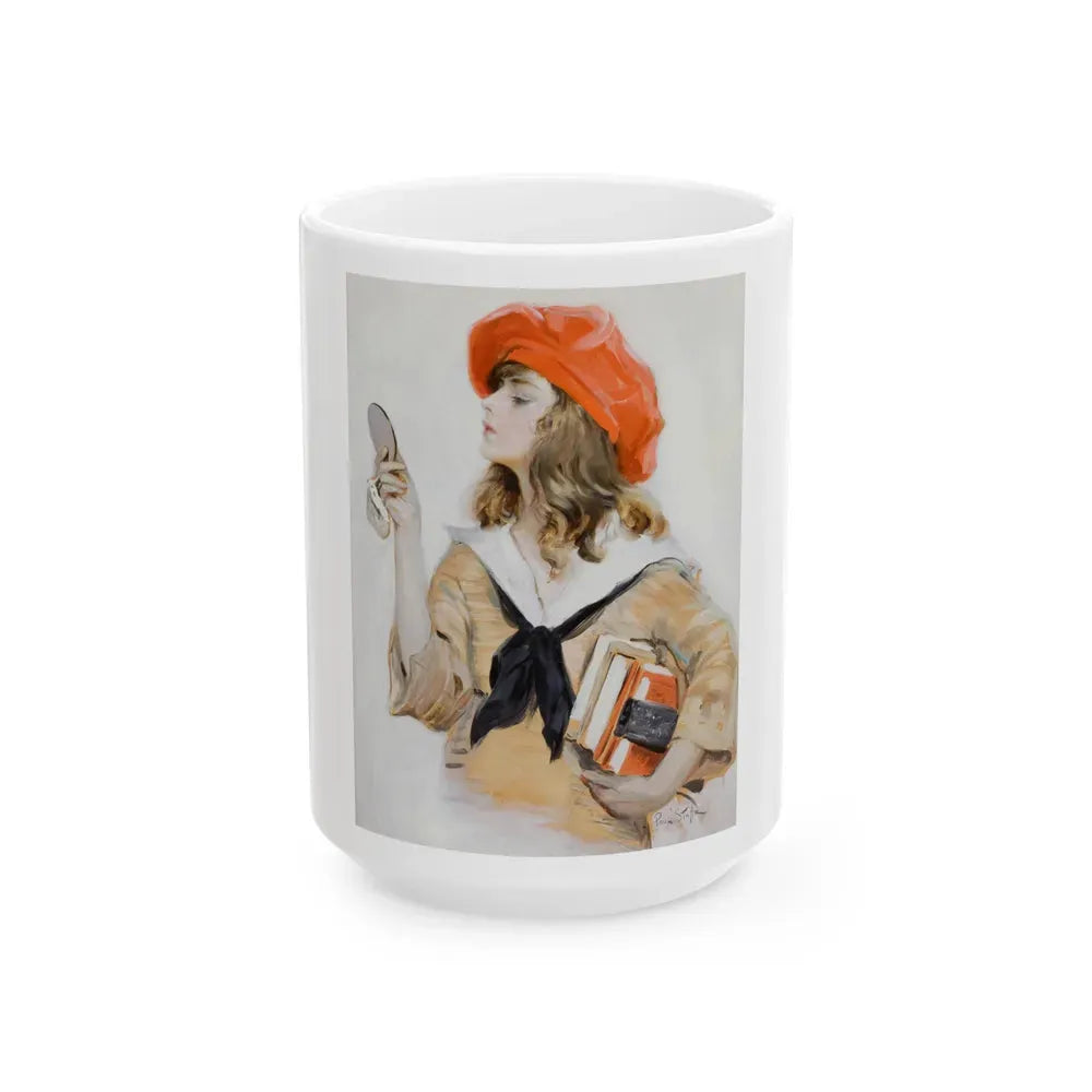 Girl in Red Beret Looking into Compact Mirror, Saturday Evening Post cover, September 10, 1921 - White Coffee Mug 15oz - Go Mug Yourself