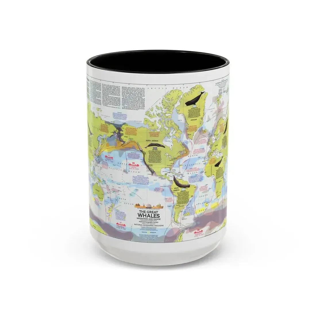Great Whales, Migration and Range (1976) (Map) Accent Coffee Mug 15oz Black - Go Mug Yourself
