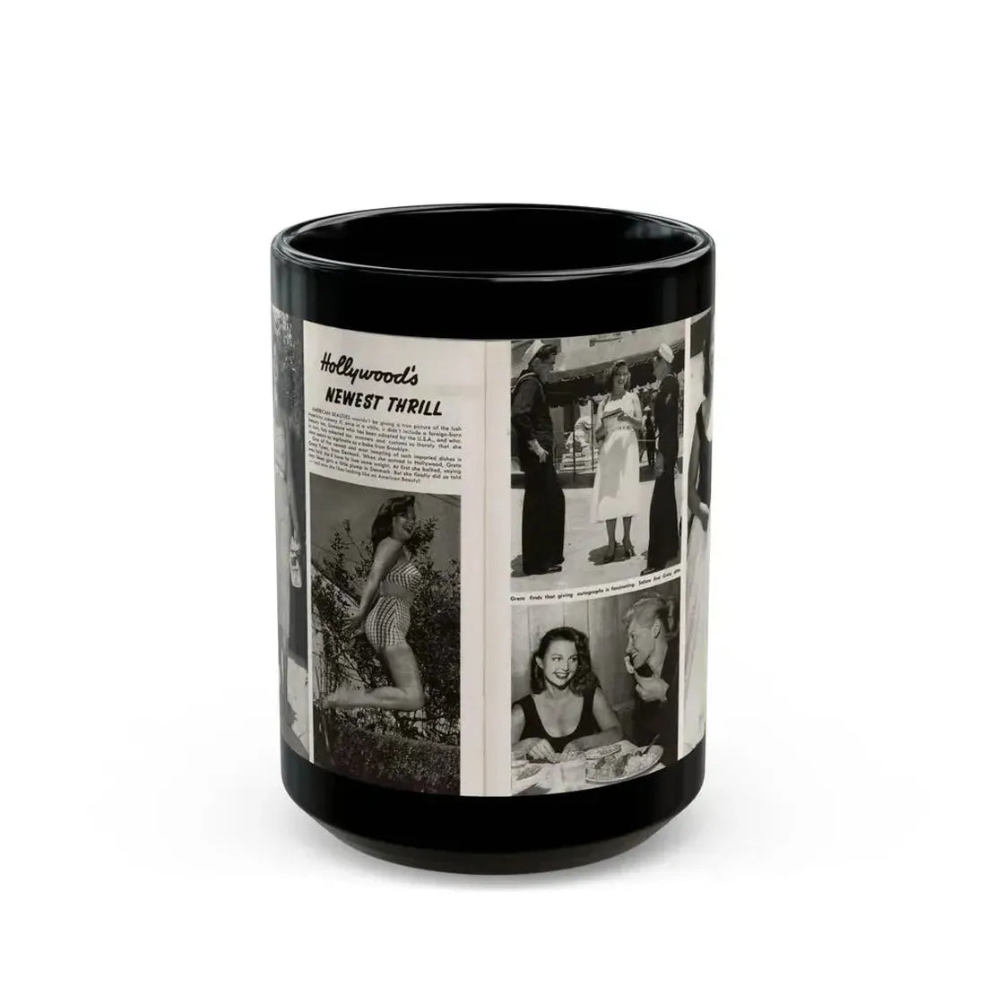 Greta Thyssen #16 - American Beauties Mag. '53 - 2 Pages with, 5 B&W Photos (Vintage Female Icon) Black Coffee Mug 15oz - Go Mug Yourself